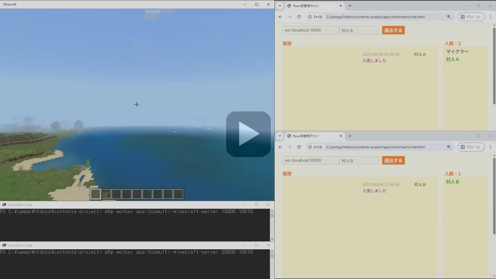 異なる部屋(サーバープロセス)間でのプライベートチャットの様子(ブラウザ⇔マインクラフト)